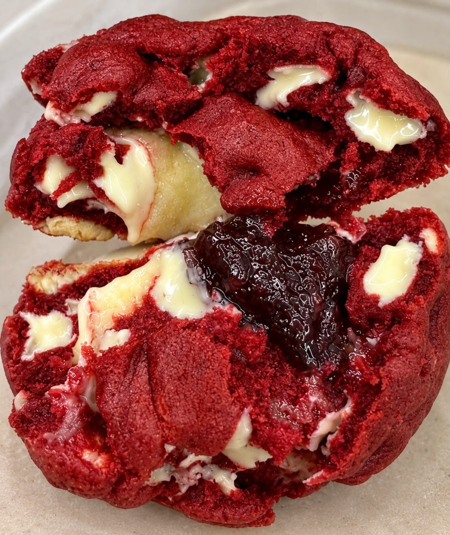 Cookie red velvet partido ao meio com gotas de chocolate branco e recheio de frutas vermelhas